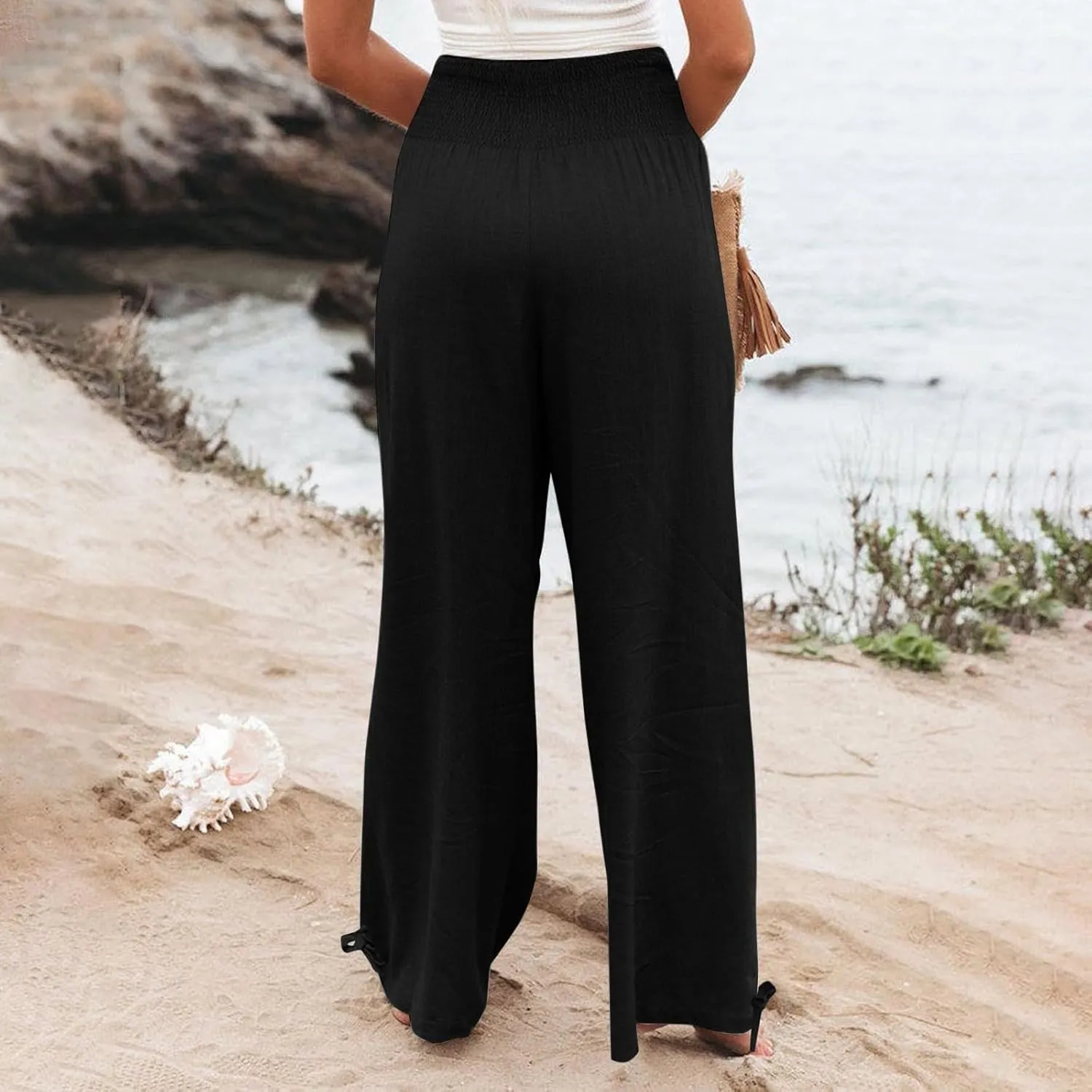 Wide Leg Linen Pants Women Summer High Waisted Boho Beach Flowy Pant Casual Vacation Outfits Elastic Lounge Trousers