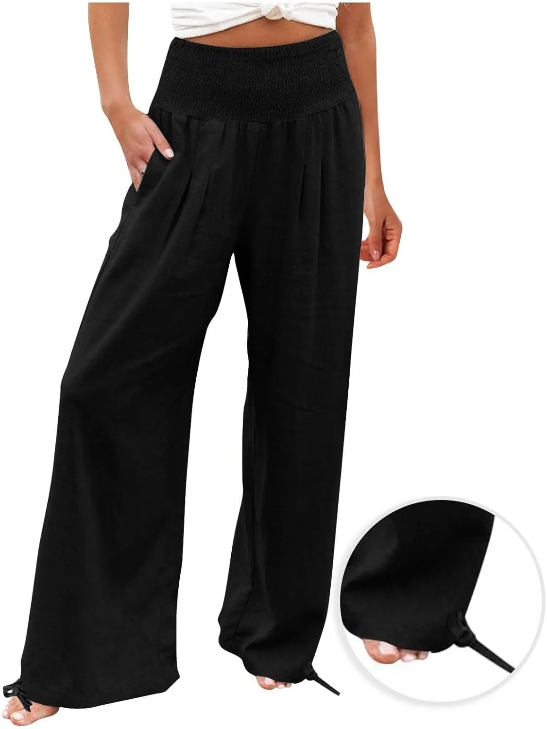 Wide Leg Linen Pants Women Summer High Waisted Boho Beach Flowy Pant Casual Vacation Outfits Elastic Lounge Trousers