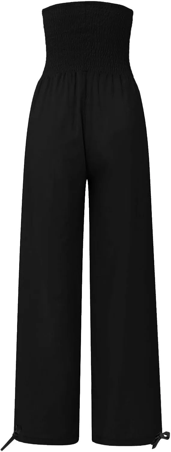 Wide Leg Linen Pants Women Summer High Waisted Boho Beach Flowy Pant Casual Vacation Outfits Elastic Lounge Trousers
