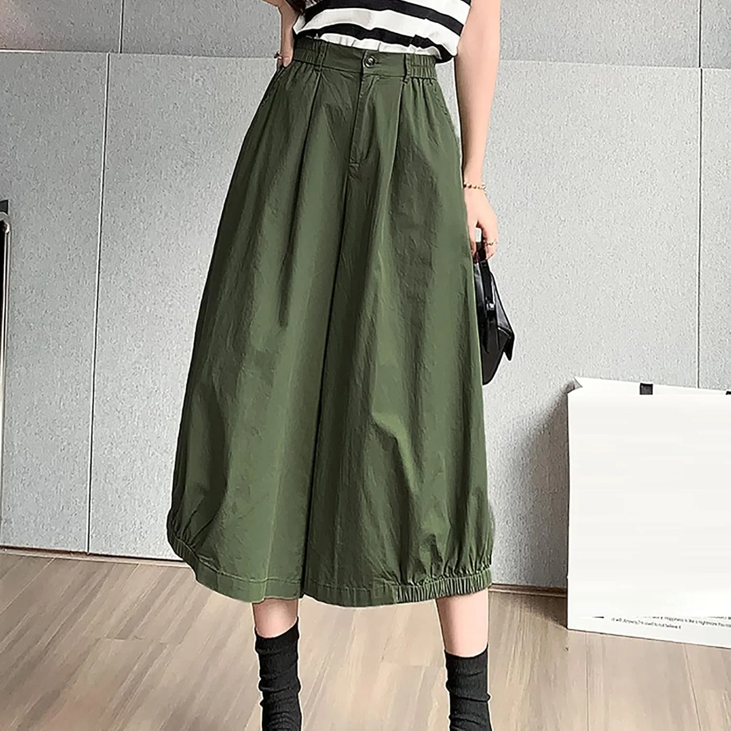 Wide Leg Pants for Women Culottes Pants Lightweight Loose Fit Summer Trousers Elastic High Waist Pants Cinch Bottom