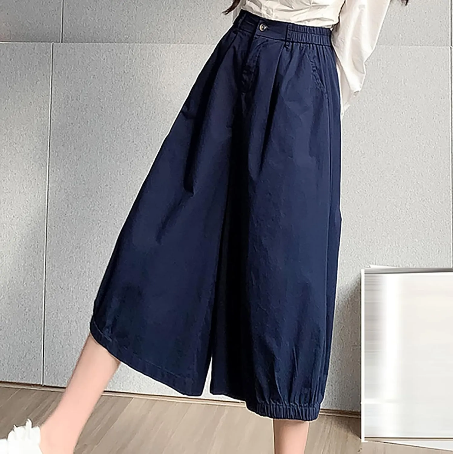 Wide Leg Pants for Women Culottes Pants Lightweight Loose Fit Summer Trousers Elastic High Waist Pants Cinch Bottom