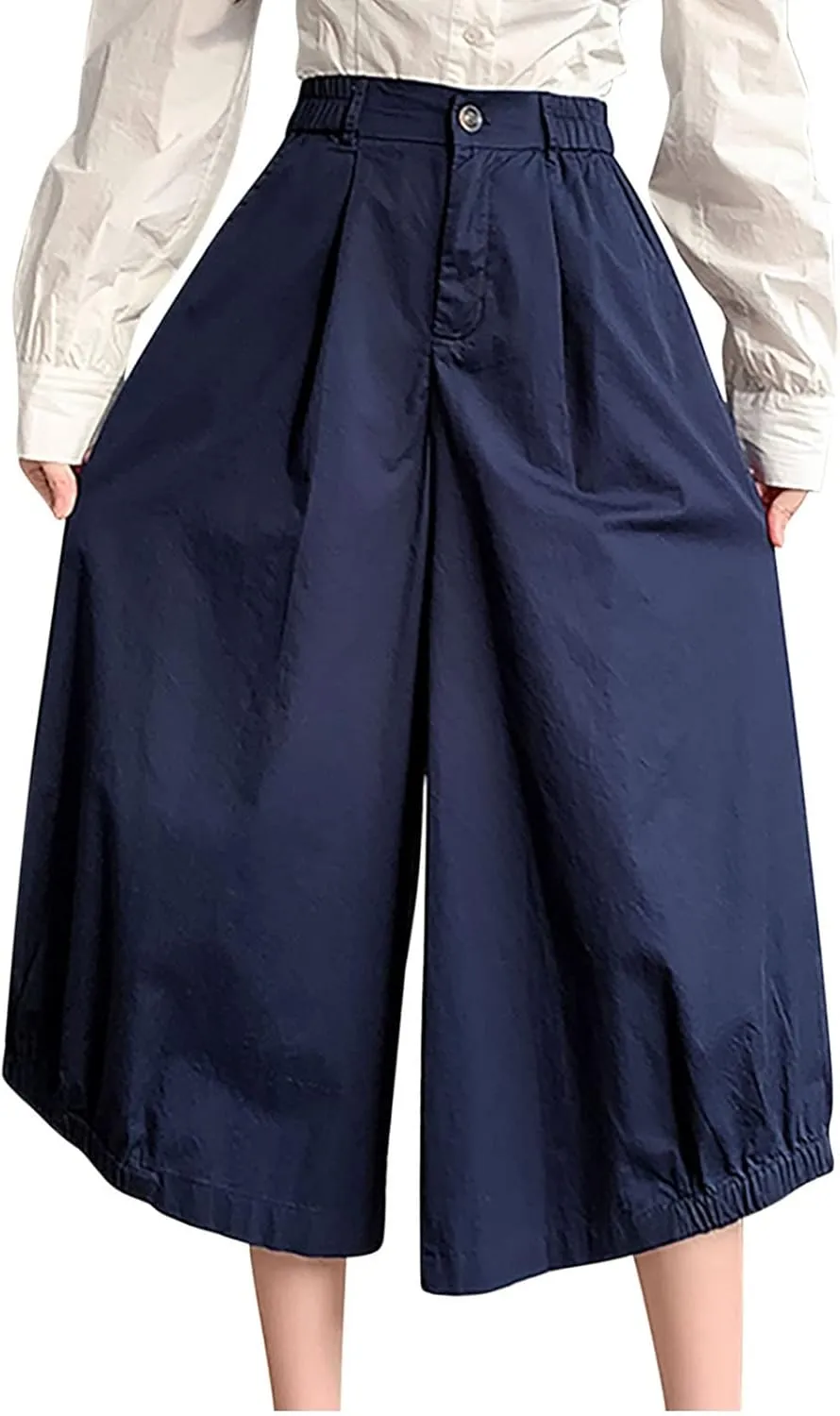 Wide Leg Pants for Women Culottes Pants Lightweight Loose Fit Summer Trousers Elastic High Waist Pants Cinch Bottom