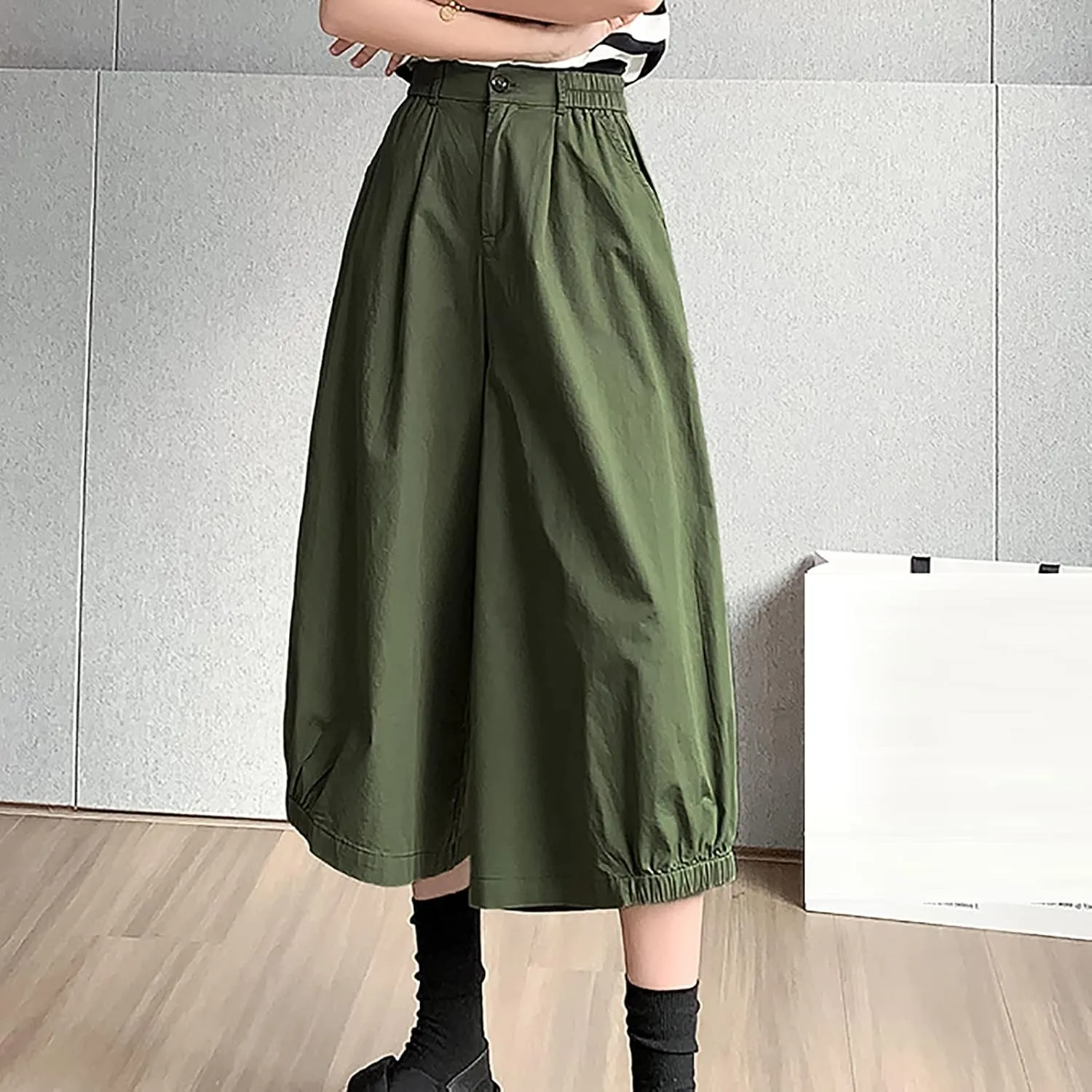 Wide Leg Pants for Women Culottes Pants Lightweight Loose Fit Summer Trousers Elastic High Waist Pants Cinch Bottom