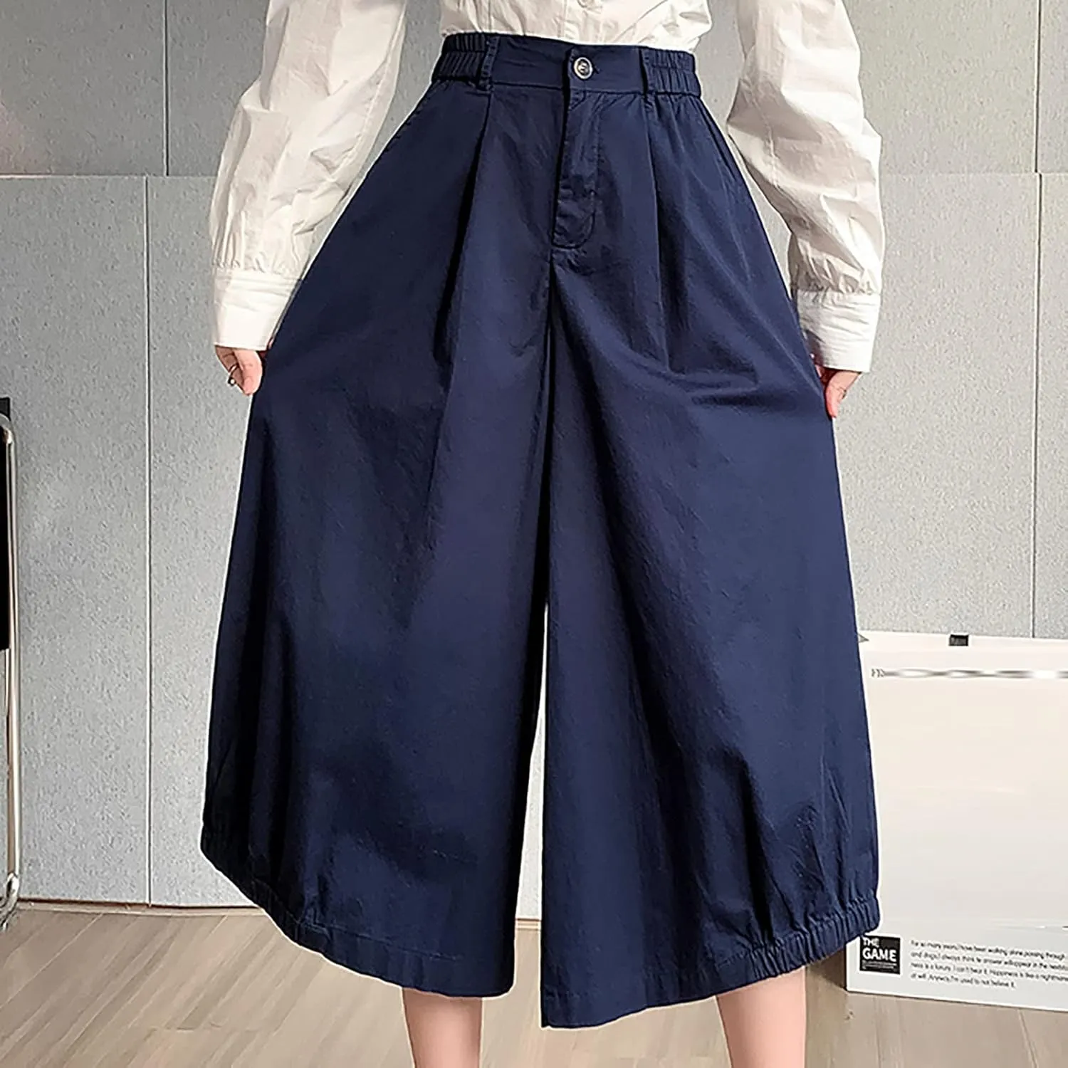 Wide Leg Pants for Women Culottes Pants Lightweight Loose Fit Summer Trousers Elastic High Waist Pants Cinch Bottom