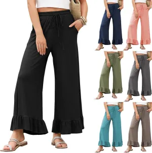 Wide Leg Pants Woman Drawstring High Waisted Ruffle Hem Palazzo Pants Casual Flowy Beach Pants Culottes with Pockets