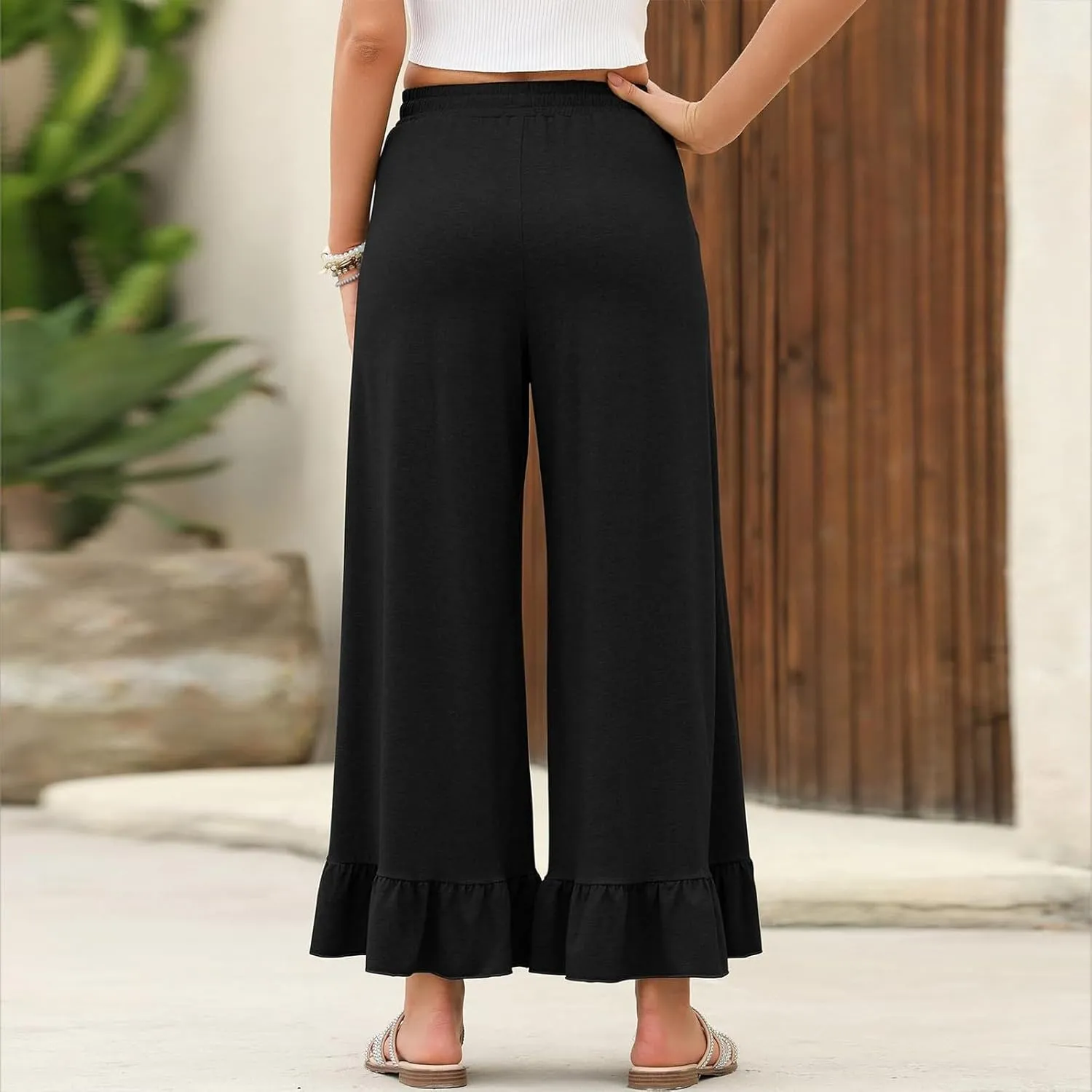 Wide Leg Pants Woman Drawstring High Waisted Ruffle Hem Palazzo Pants Casual Flowy Beach Pants Culottes with Pockets