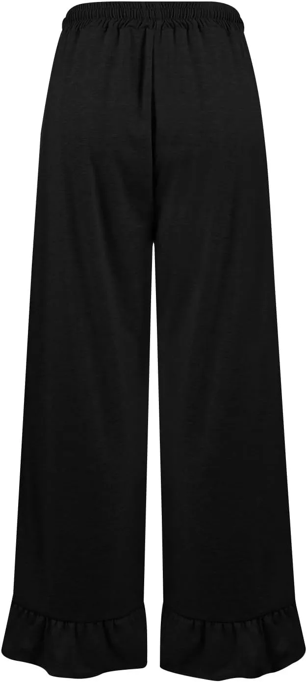 Wide Leg Pants Woman Drawstring High Waisted Ruffle Hem Palazzo Pants Casual Flowy Beach Pants Culottes with Pockets