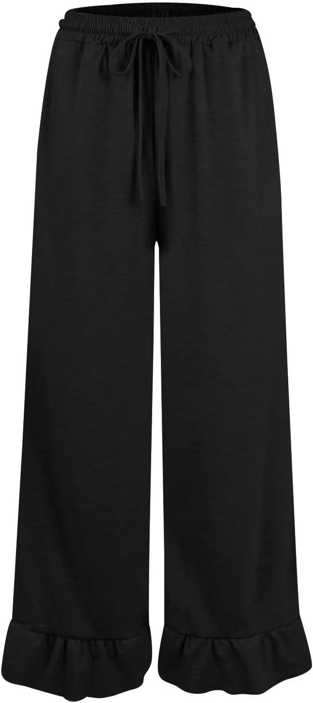 Wide Leg Pants Woman Drawstring High Waisted Ruffle Hem Palazzo Pants Casual Flowy Beach Pants Culottes with Pockets