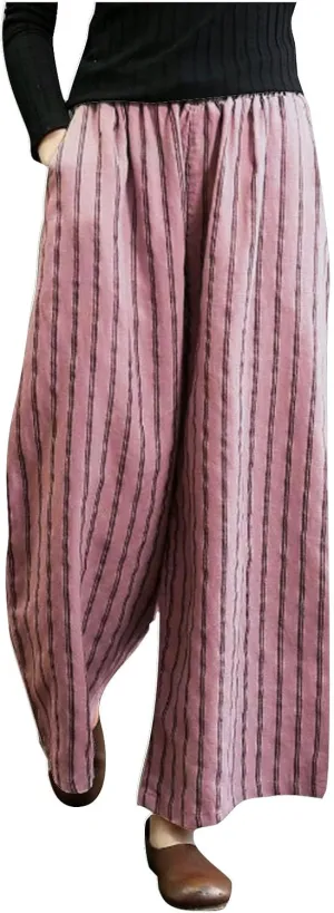 Wide Leg Pants Womans Summer Palazzo Capri Culottes for Women Linen Striped Print Vintage Baggy Beach Cropped Trousers