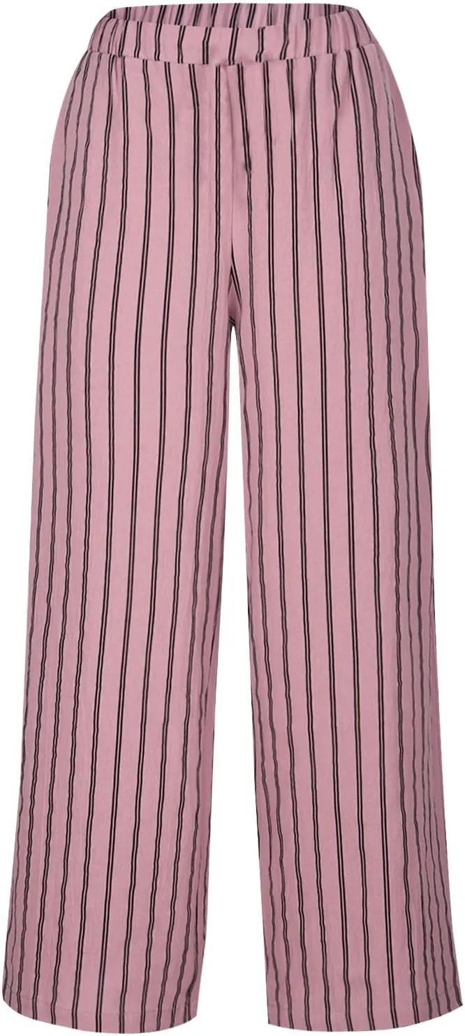 Wide Leg Pants Womans Summer Palazzo Capri Culottes for Women Linen Striped Print Vintage Baggy Beach Cropped Trousers