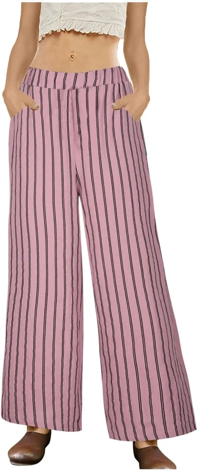 Wide Leg Pants Womans Summer Palazzo Capri Culottes for Women Linen Striped Print Vintage Baggy Beach Cropped Trousers