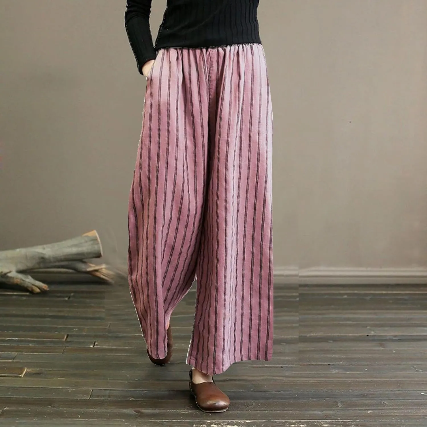 Wide Leg Pants Womans Summer Palazzo Capri Culottes for Women Linen Striped Print Vintage Baggy Beach Cropped Trousers