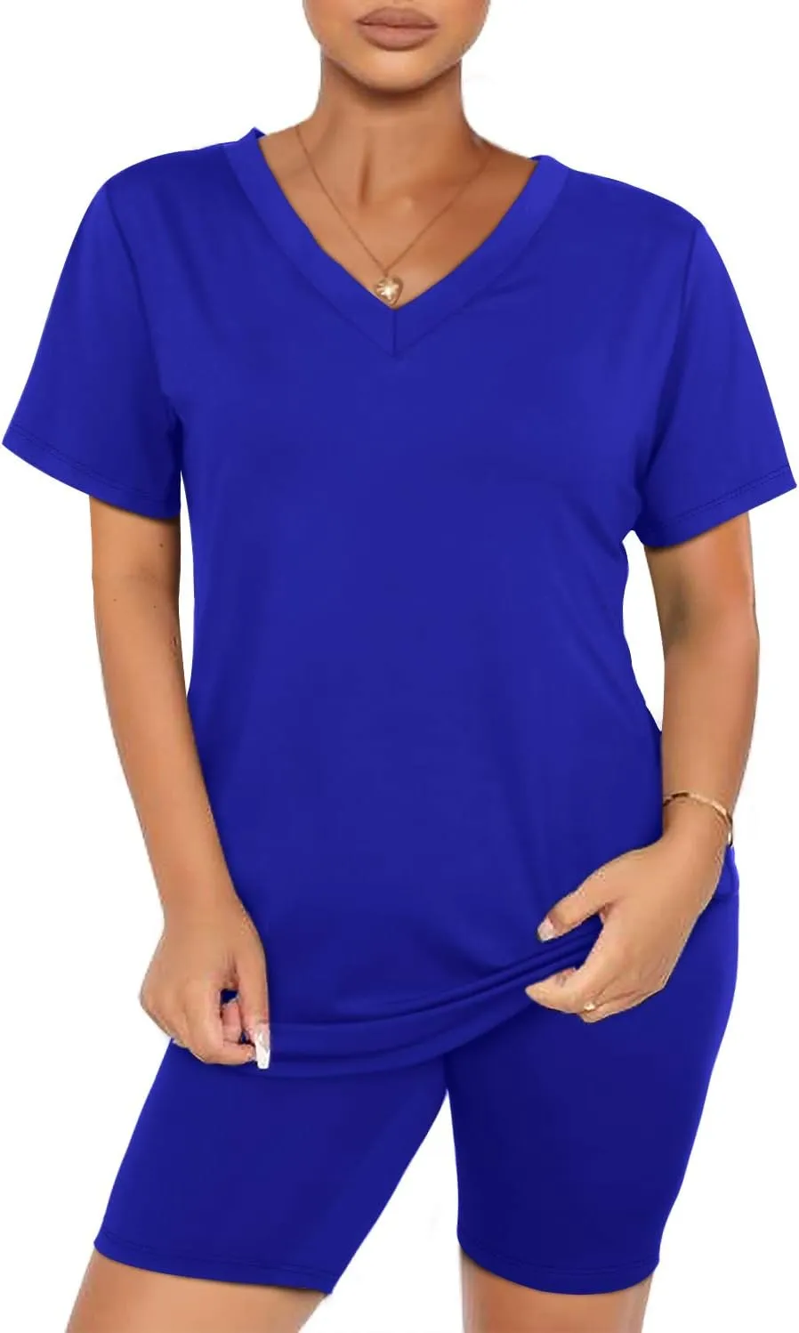 WIHOLL Two Piece Outfits for Women Short Sleeve V Neck Biker Shorts Set