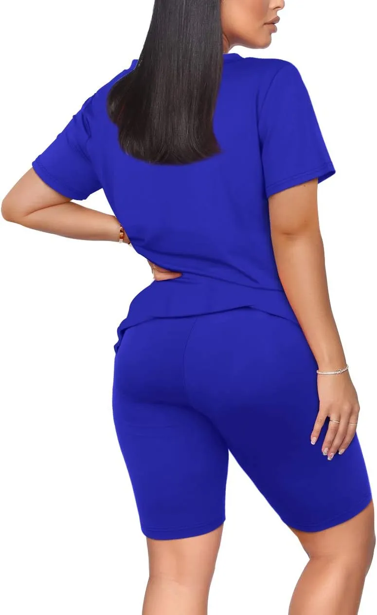 WIHOLL Two Piece Outfits for Women Short Sleeve V Neck Biker Shorts Set