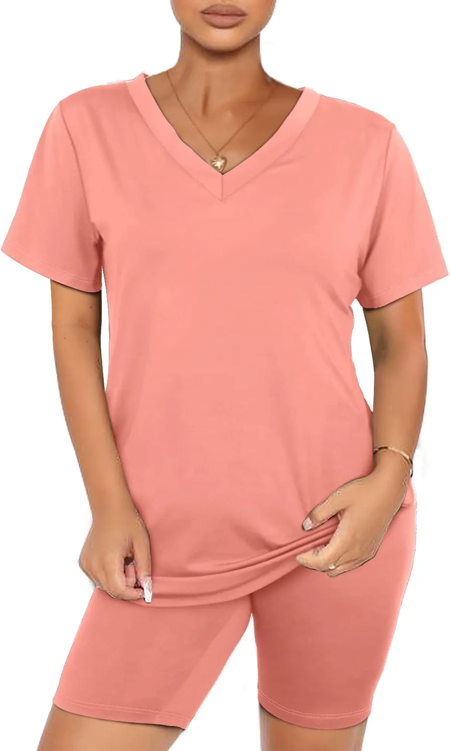 WIHOLL Two Piece Outfits for Women Short Sleeve V Neck Biker Shorts Set