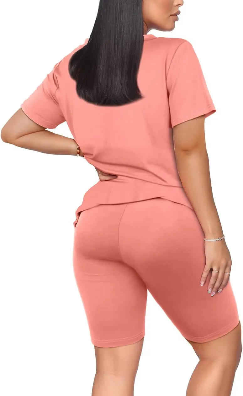 WIHOLL Two Piece Outfits for Women Short Sleeve V Neck Biker Shorts Set