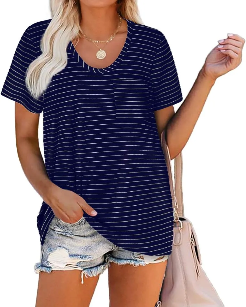 WIHOLL Women Summer T Shirts Short Sleeve Rounded V Neck Pocket Tee Tops