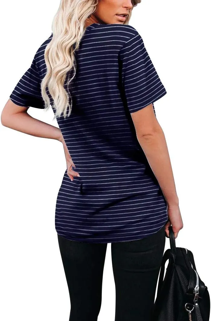 WIHOLL Women Summer T Shirts Short Sleeve Rounded V Neck Pocket Tee Tops