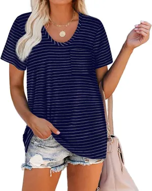 WIHOLL Women Summer T Shirts Short Sleeve Rounded V Neck Pocket Tee Tops