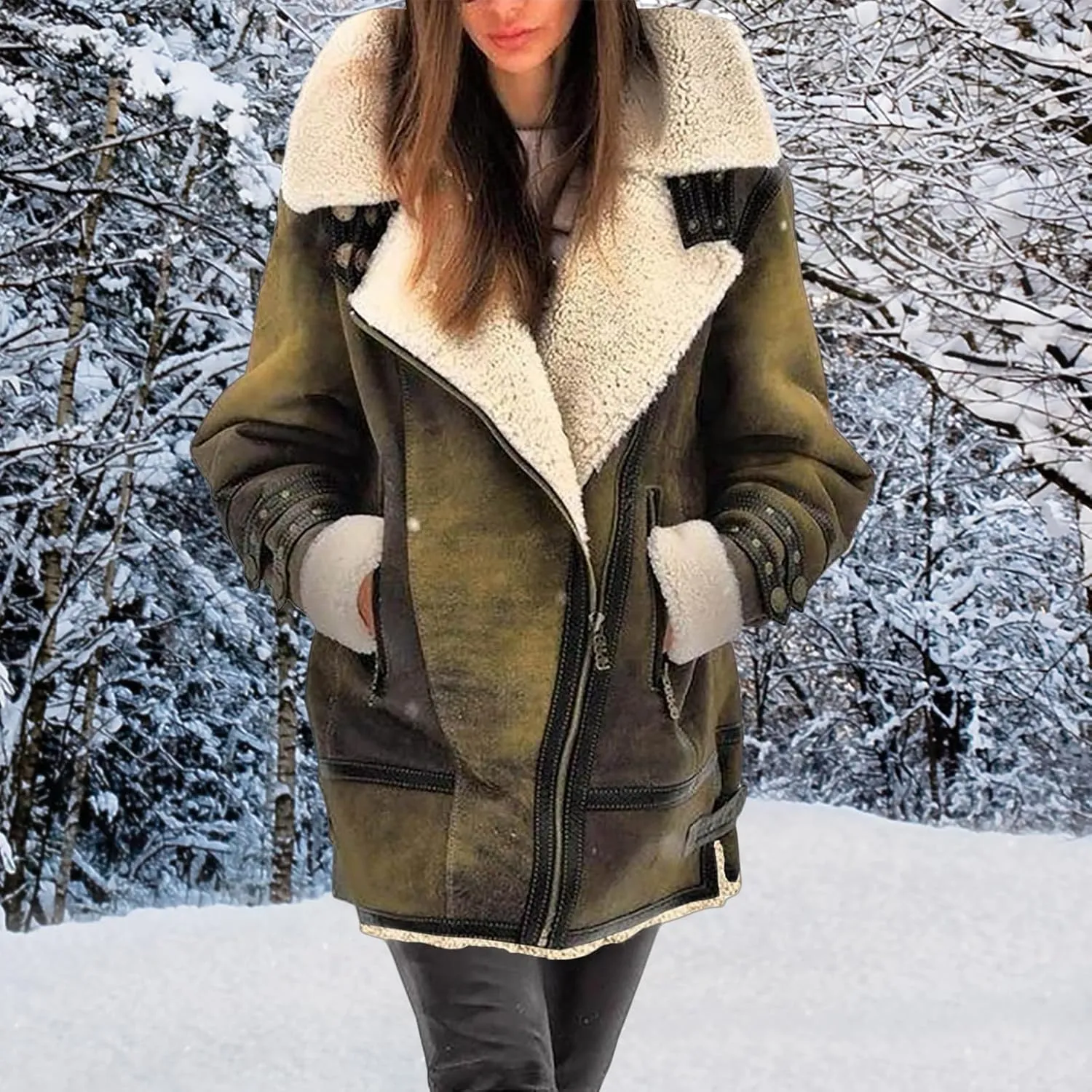 Winter Coats for Women Faux-Leather Suede Jackets Thicken Sherpa Fleece Jacket Vintage Moto Jacket Zipper Outerwear