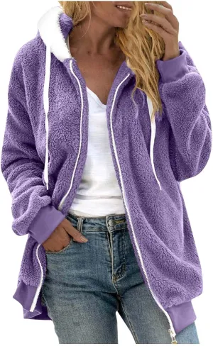 Winter Jackets for Women Fuzzy Fleece Jacket Hooded Color Block Patchwork Cardigan Coats Soft Shaggy Warm Outerwear