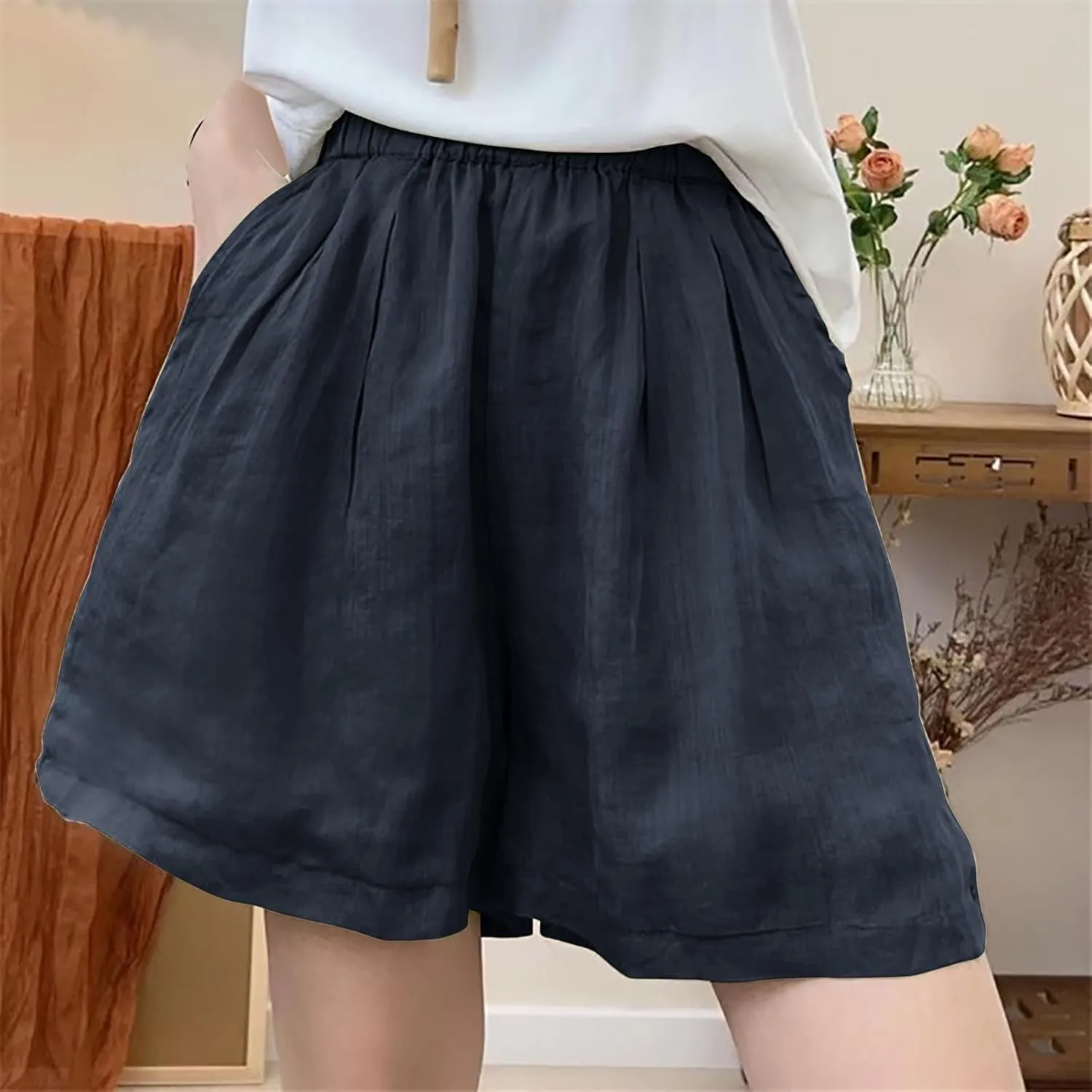 Wkishenl Linen Shorts for Women Casual High Waisted Flowy Dressy Fashion Wide Leg Bermuda Shorts Summer Beach Vacation Outfit
