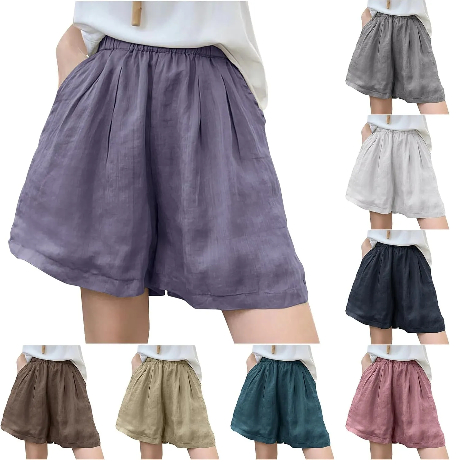 Wkishenl Linen Shorts for Women Casual High Waisted Flowy Dressy Fashion Wide Leg Bermuda Shorts Summer Beach Vacation Outfit