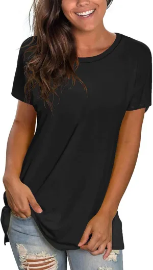 WNEEDU Womens T Shirts Short Sleeve Crewneck Loose Summer Tees Basic Tops