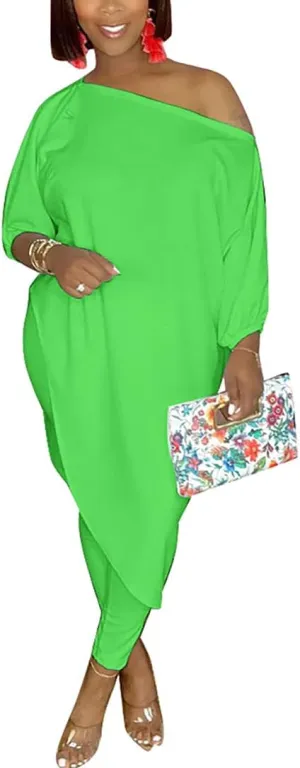 WOKANSE Women's Solid 3/4 Sleeve Tracksuits Set One Off Shoulder Asymmetric Top Skinny Long Pant 2 Piece Loungewear