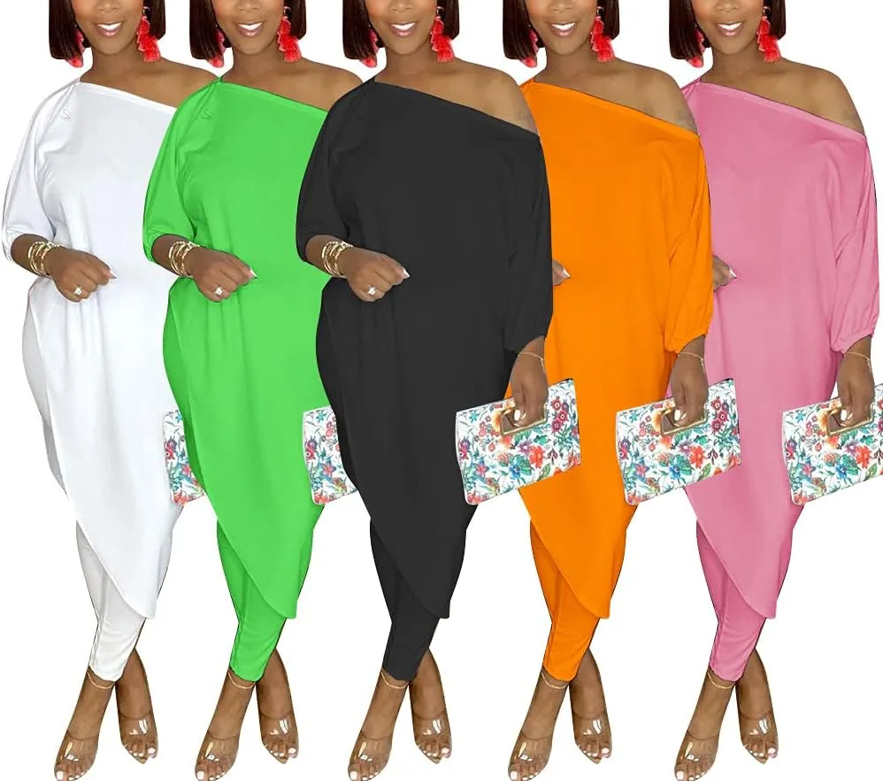 WOKANSE Women's Solid 3/4 Sleeve Tracksuits Set One Off Shoulder Asymmetric Top Skinny Long Pant 2 Piece Loungewear