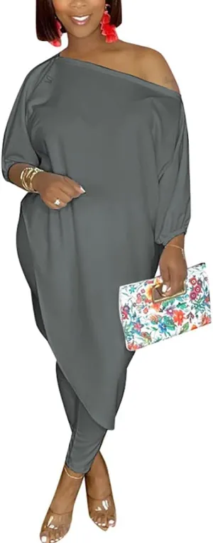 WOKANSE Women's Solid 3/4 Sleeve Tracksuits Set One Off Shoulder Asymmetric Top Skinny Long Pant 2 Piece Loungewear