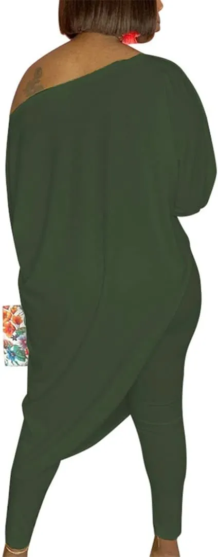WOKANSE Women's Solid 3/4 Sleeve Tracksuits Set One Off Shoulder Asymmetric Top Skinny Long Pant 2 Piece Loungewear