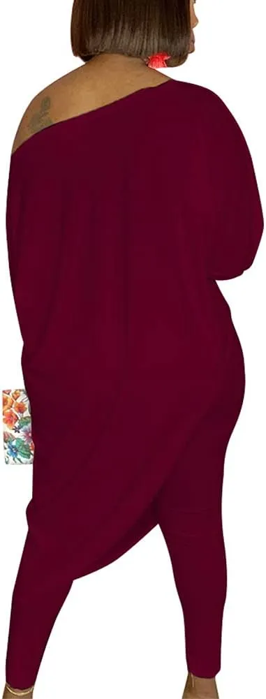WOKANSE Women's Solid 3/4 Sleeve Tracksuits Set One Off Shoulder Asymmetric Top Skinny Long Pant 2 Piece Loungewear