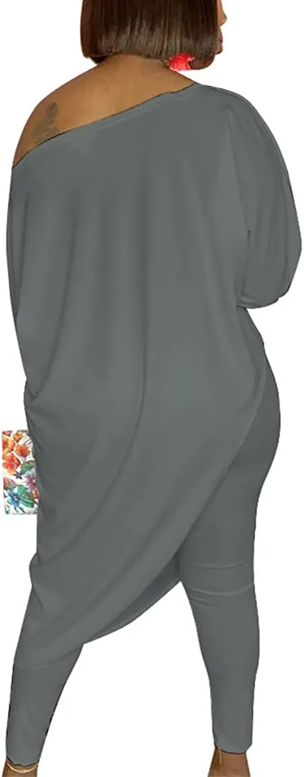 WOKANSE Women's Solid 3/4 Sleeve Tracksuits Set One Off Shoulder Asymmetric Top Skinny Long Pant 2 Piece Loungewear