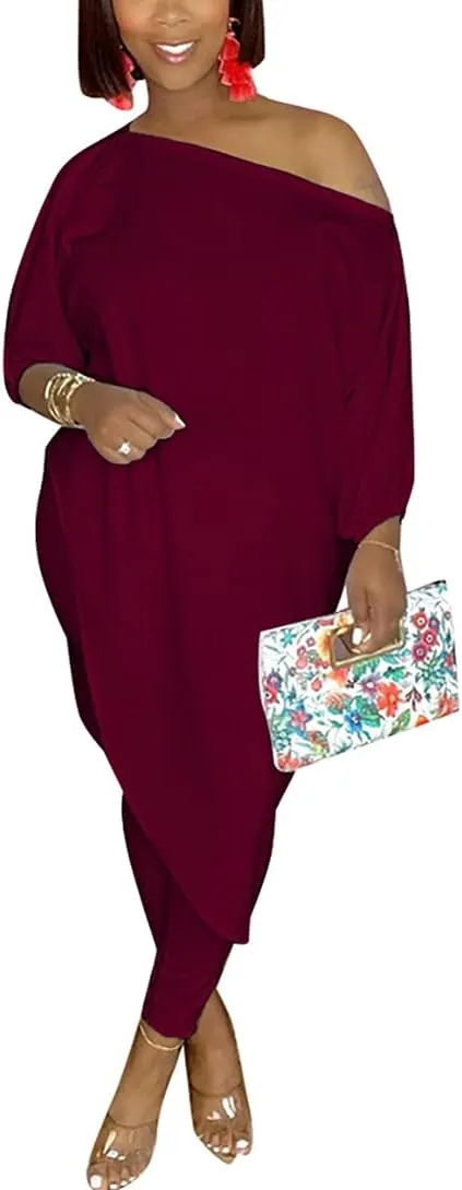 WOKANSE Women's Solid 3/4 Sleeve Tracksuits Set One Off Shoulder Asymmetric Top Skinny Long Pant 2 Piece Loungewear