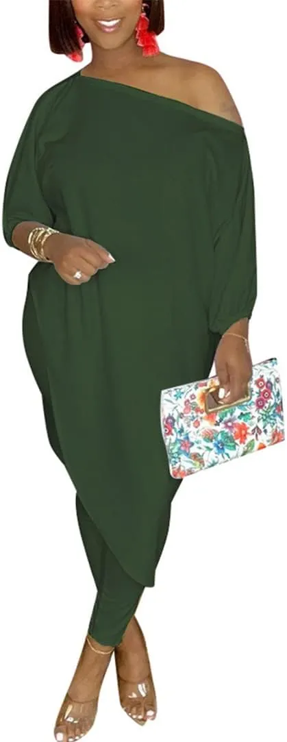 WOKANSE Women's Solid 3/4 Sleeve Tracksuits Set One Off Shoulder Asymmetric Top Skinny Long Pant 2 Piece Loungewear