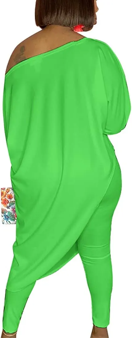 WOKANSE Women's Solid 3/4 Sleeve Tracksuits Set One Off Shoulder Asymmetric Top Skinny Long Pant 2 Piece Loungewear