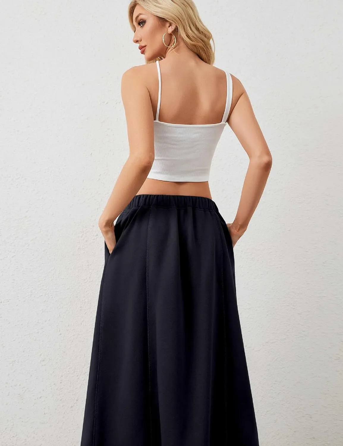 Women a Line Cotton Long Skirts Drawstring Waistband Maxi Skirts with Pockets Y2k Casual Floor Length Sweat Skirts