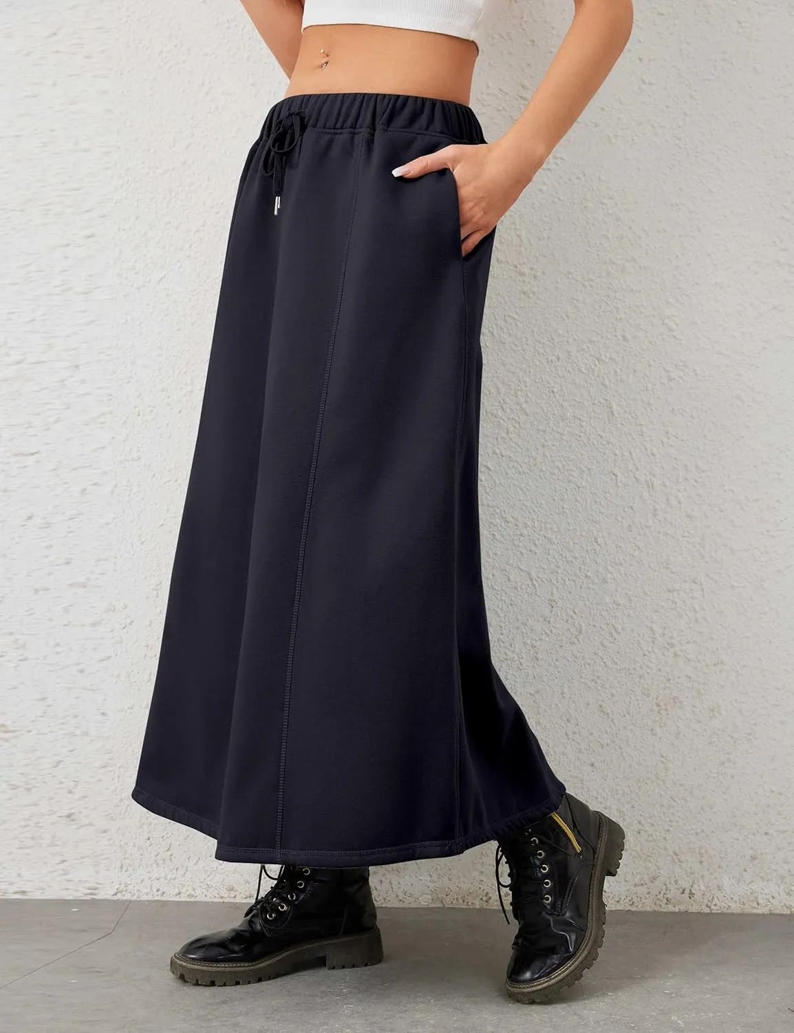 Women a Line Cotton Long Skirts Drawstring Waistband Maxi Skirts with Pockets Y2k Casual Floor Length Sweat Skirts