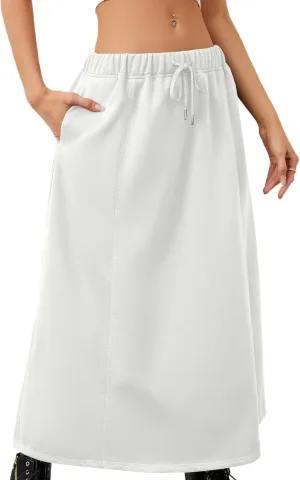 Women a Line Cotton Long Skirts Drawstring Waistband Maxi Skirts with Pockets Y2k Casual Floor Length Sweat Skirts