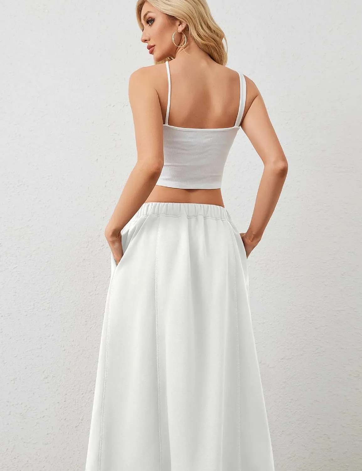 Women a Line Cotton Long Skirts Drawstring Waistband Maxi Skirts with Pockets Y2k Casual Floor Length Sweat Skirts