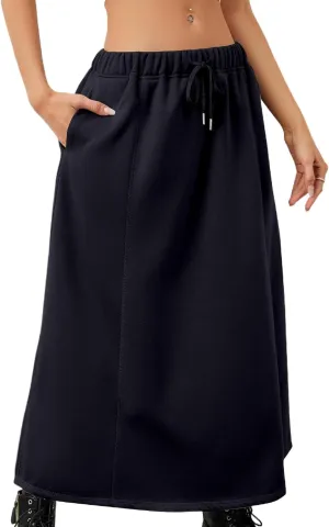 Women a Line Cotton Long Skirts Drawstring Waistband Maxi Skirts with Pockets Y2k Casual Floor Length Sweat Skirts