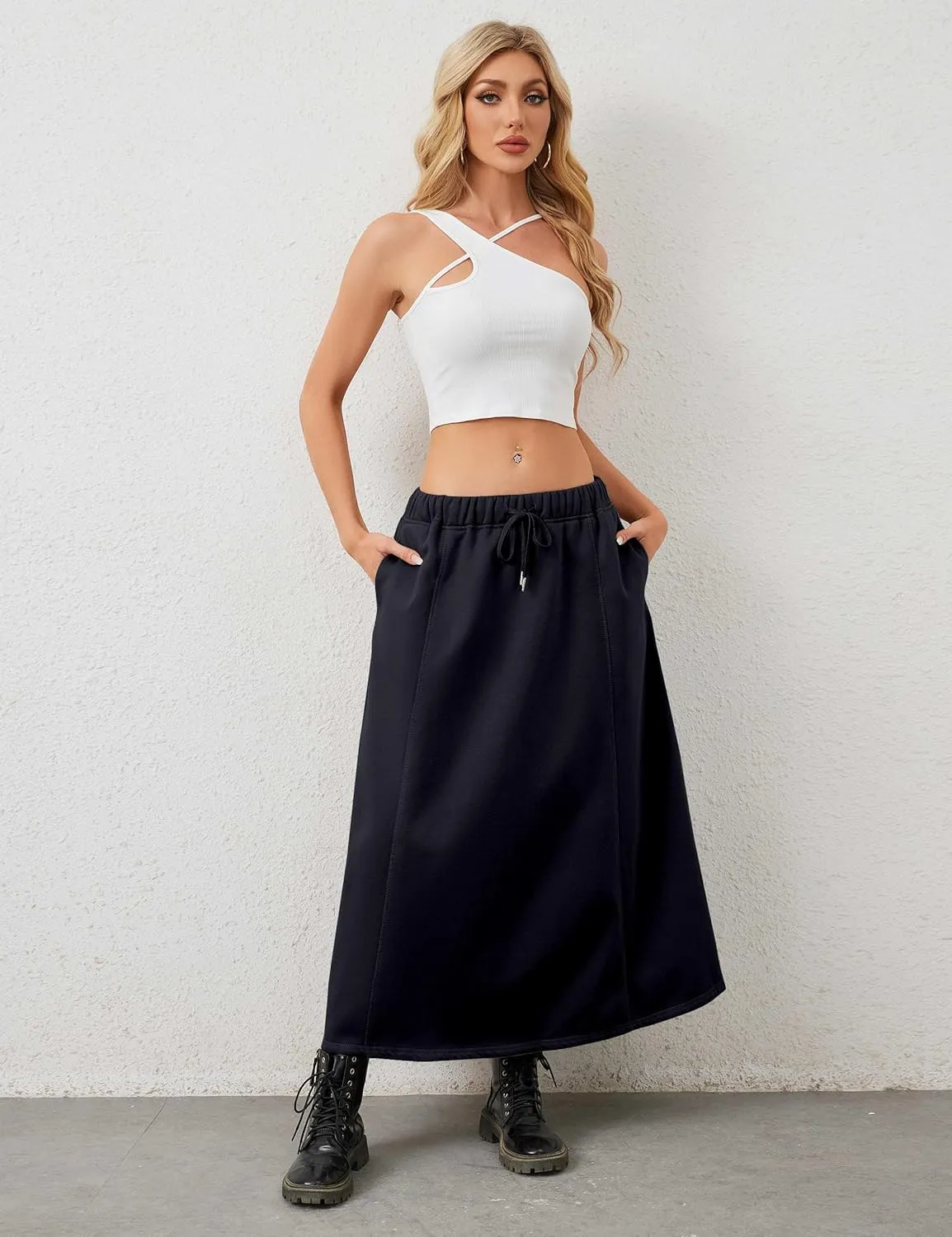 Women a Line Cotton Long Skirts Drawstring Waistband Maxi Skirts with Pockets Y2k Casual Floor Length Sweat Skirts