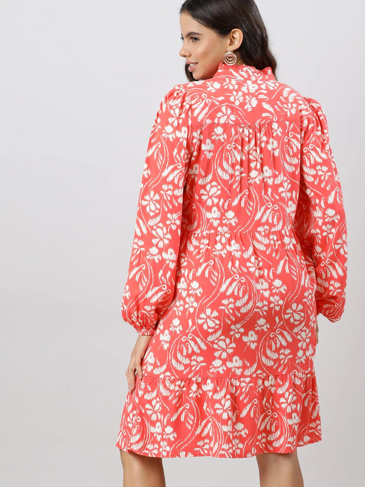 Women Casual Coral Printed Midi Dress