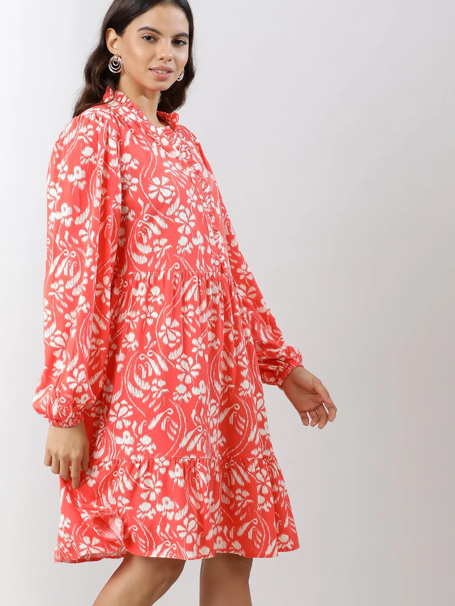 Women Casual Coral Printed Midi Dress