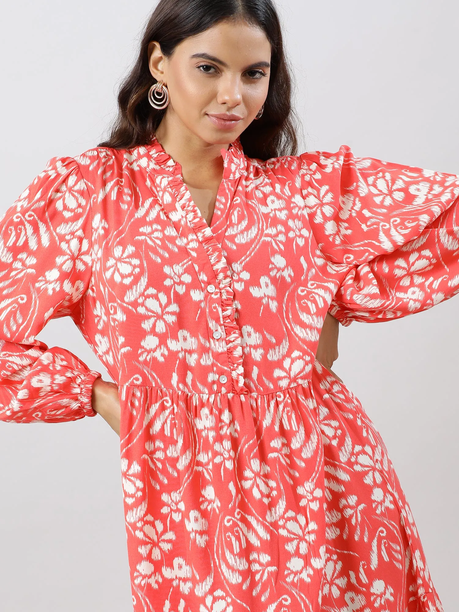 Women Casual Coral Printed Midi Dress