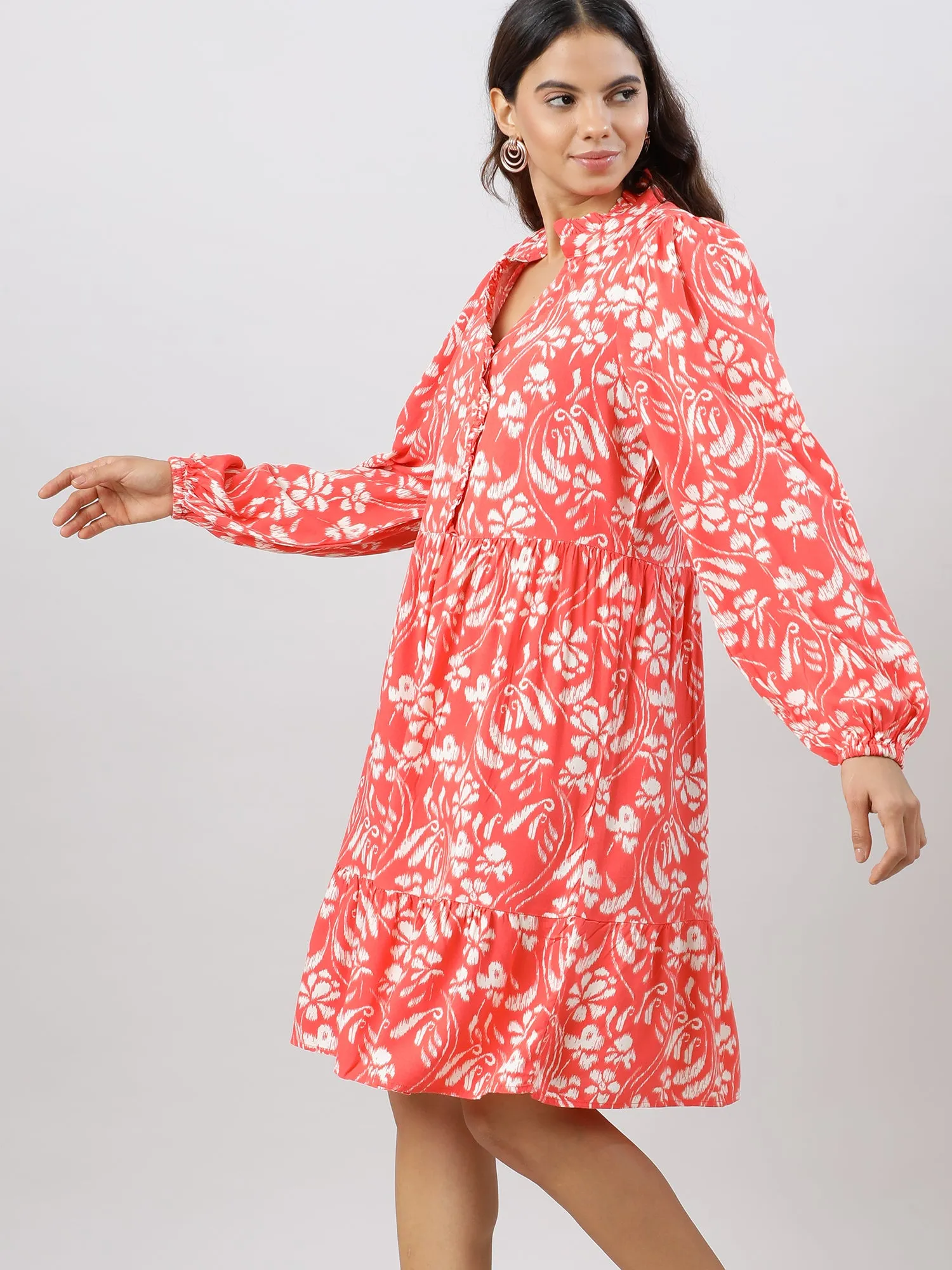 Women Casual Coral Printed Midi Dress