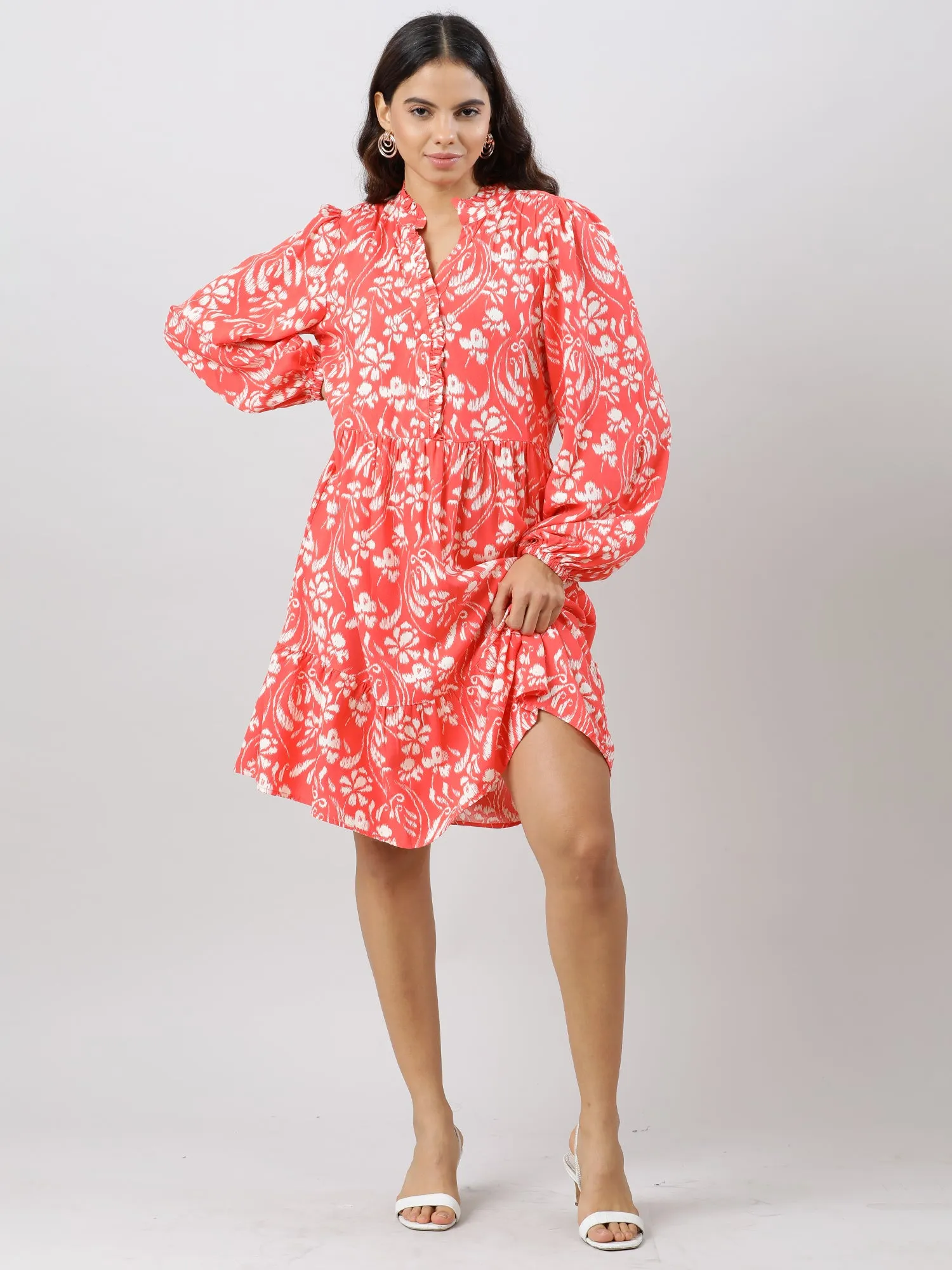 Women Casual Coral Printed Midi Dress
