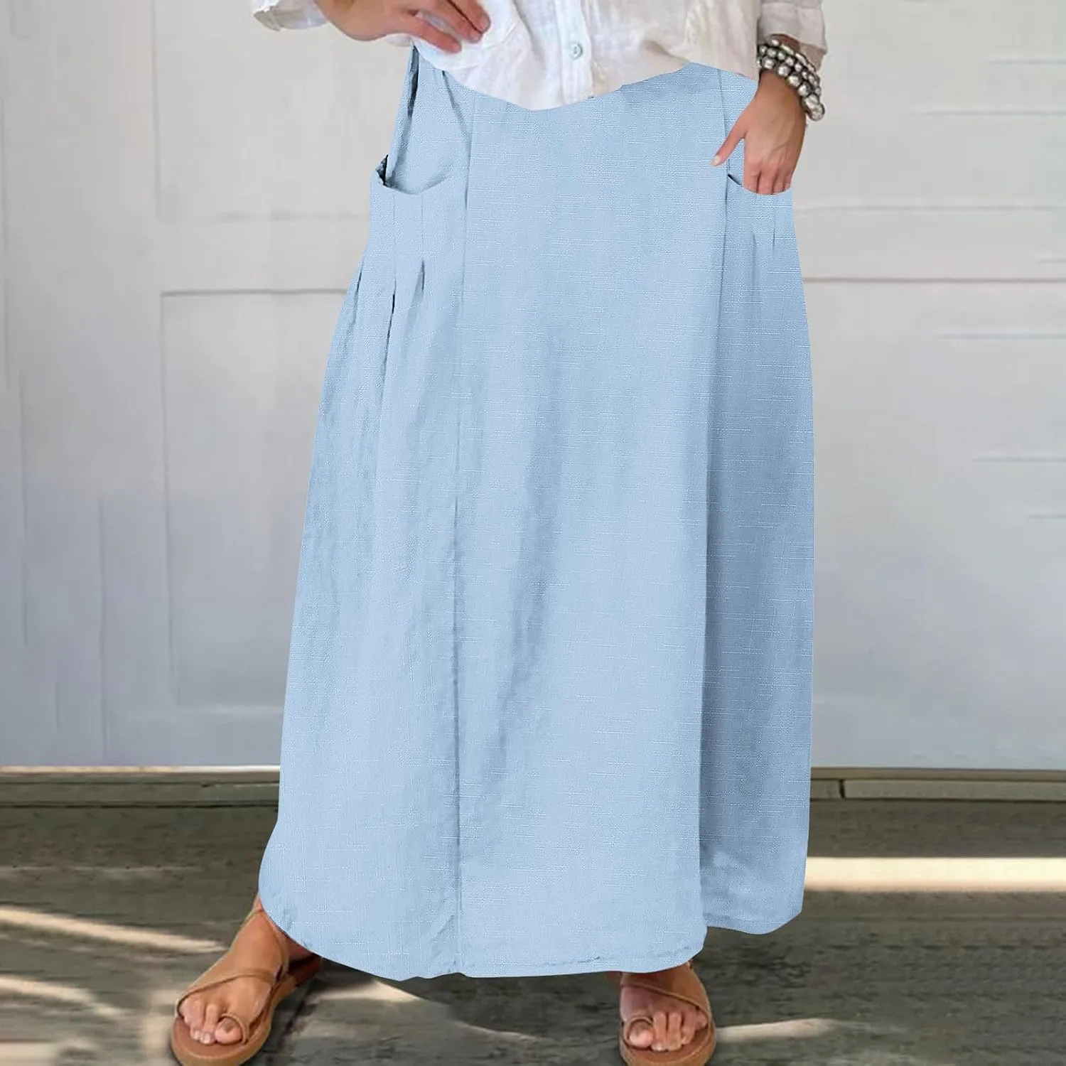 Women Casual Elastic High Waist Long Maxi Skirts Stretch Lightweight Plus Size Knee Length Skirt Summer Beach Dress