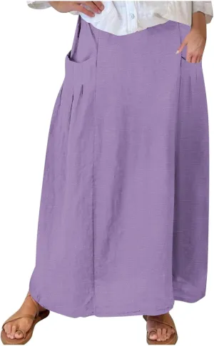 Women Casual Elastic High Waist Long Maxi Skirts Stretch Lightweight Plus Size Knee Length Skirt Summer Beach Dress